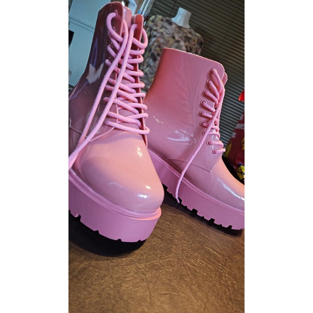BNWoT NEVER WORN Chunky Pink platform LaceUp Boots Wellies Rubber Platform Shoes - Picture 1 of 14